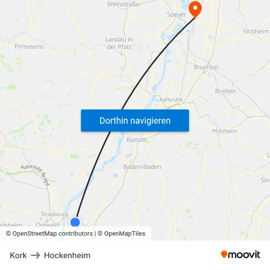 Kork to Hockenheim map