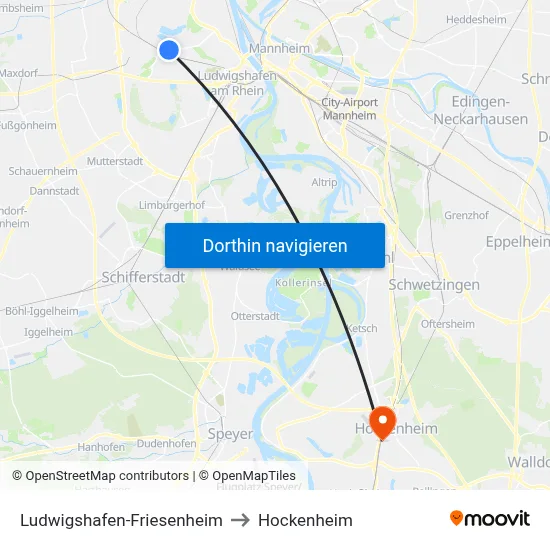 Ludwigshafen-Friesenheim to Hockenheim map