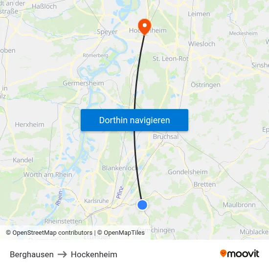 Berghausen to Hockenheim map