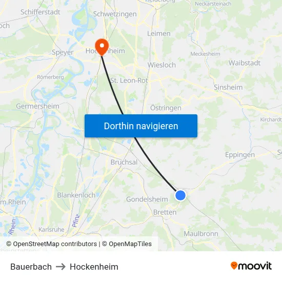 Bauerbach to Hockenheim map