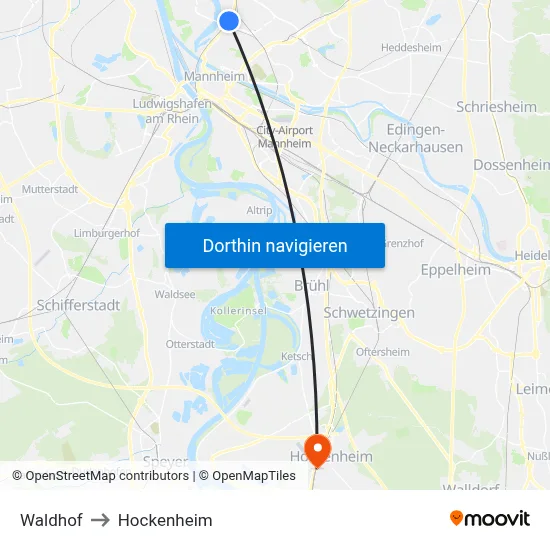 Waldhof to Hockenheim map