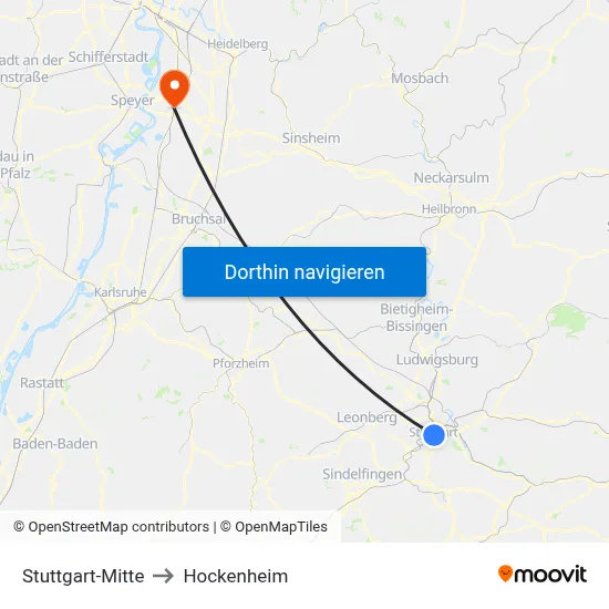 Stuttgart-Mitte to Hockenheim map