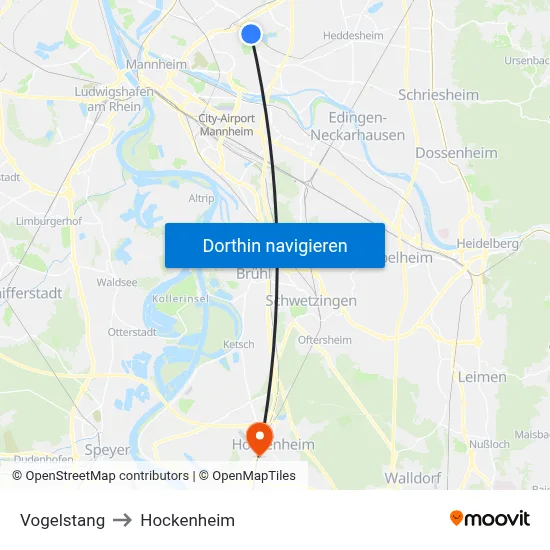 Vogelstang to Hockenheim map