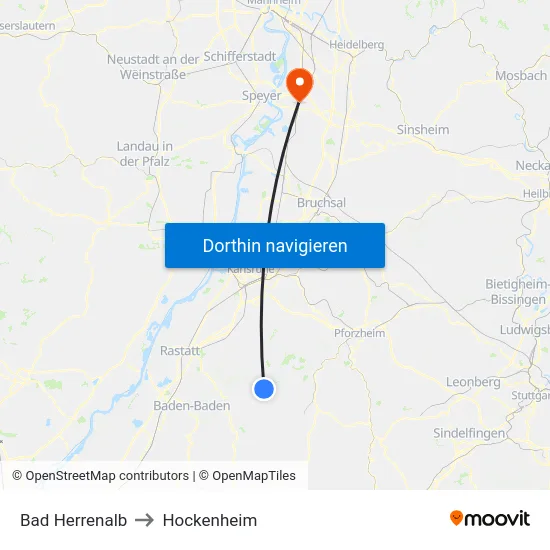Bad Herrenalb to Hockenheim map