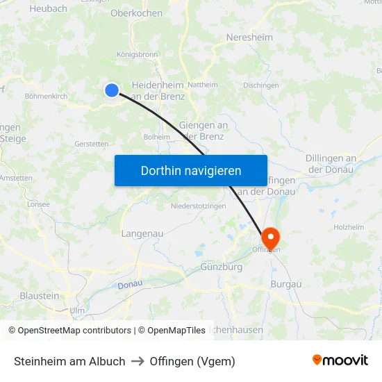 Steinheim am Albuch to Offingen (Vgem) map