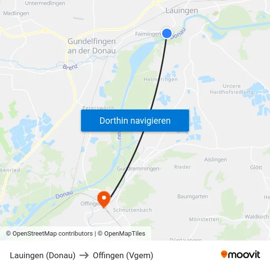 Lauingen (Donau) to Offingen (Vgem) map