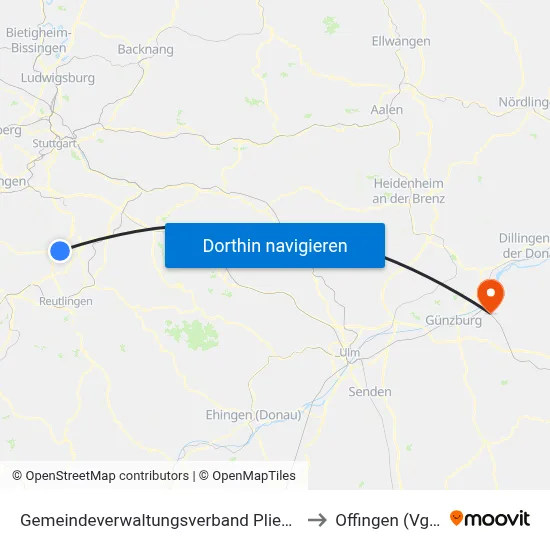 Gemeindeverwaltungsverband Pliezhausen to Offingen (Vgem) map