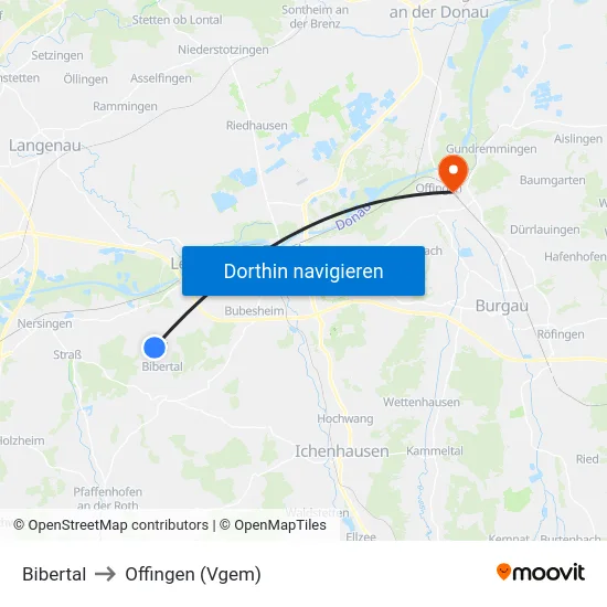 Bibertal to Offingen (Vgem) map