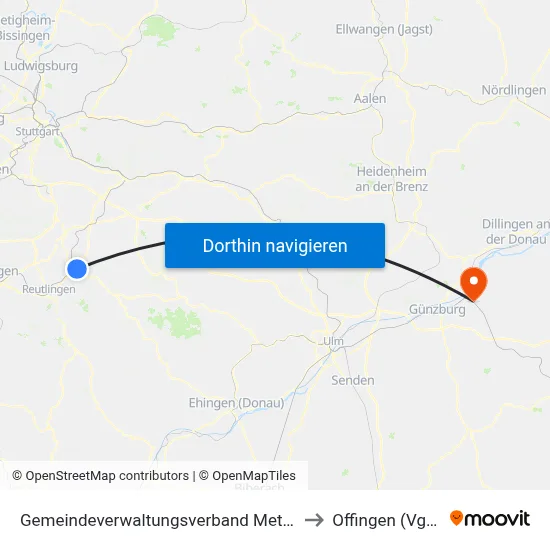 Gemeindeverwaltungsverband Metzingen to Offingen (Vgem) map