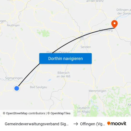 Gemeindeverwaltungsverband Sigmaringen to Offingen (Vgem) map