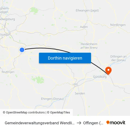 Gemeindeverwaltungsverband Wendlingen am Neckar to Offingen (Vgem) map