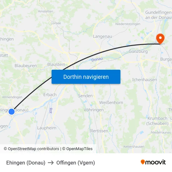 Ehingen (Donau) to Offingen (Vgem) map