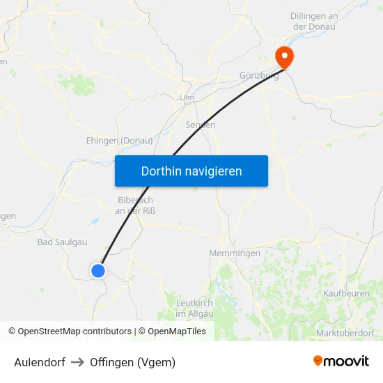 Aulendorf to Offingen (Vgem) map