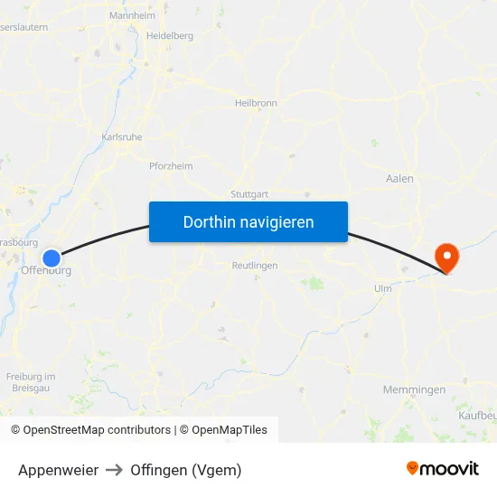 Appenweier to Offingen (Vgem) map