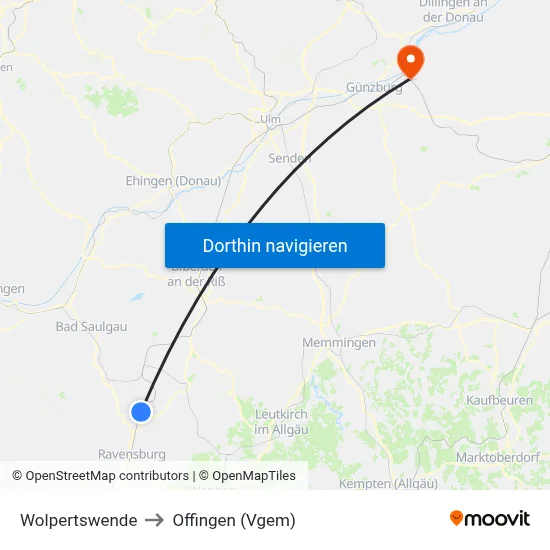 Wolpertswende to Offingen (Vgem) map