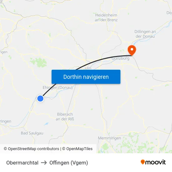 Obermarchtal to Offingen (Vgem) map