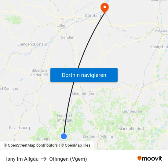 Isny Im Allgäu to Offingen (Vgem) map