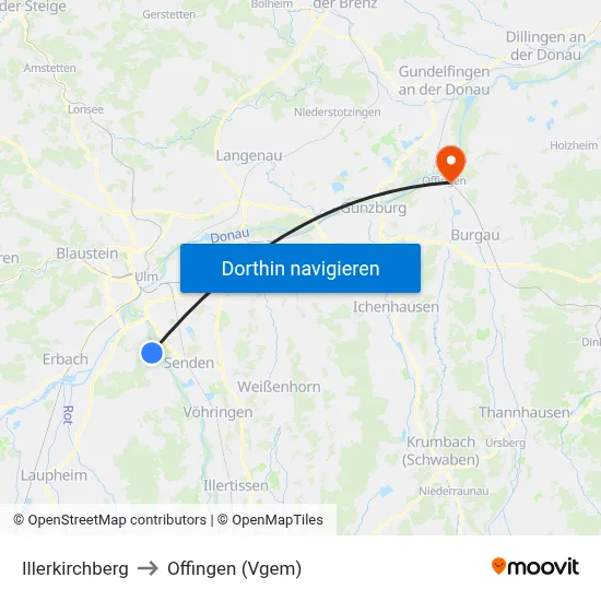Illerkirchberg to Offingen (Vgem) map