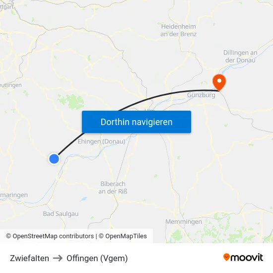 Zwiefalten to Offingen (Vgem) map