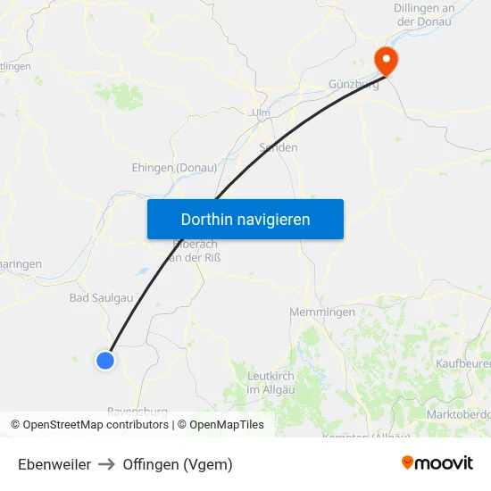 Ebenweiler to Offingen (Vgem) map