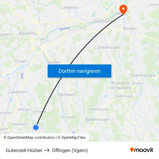 Gutenzell-Hürbel to Offingen (Vgem) map