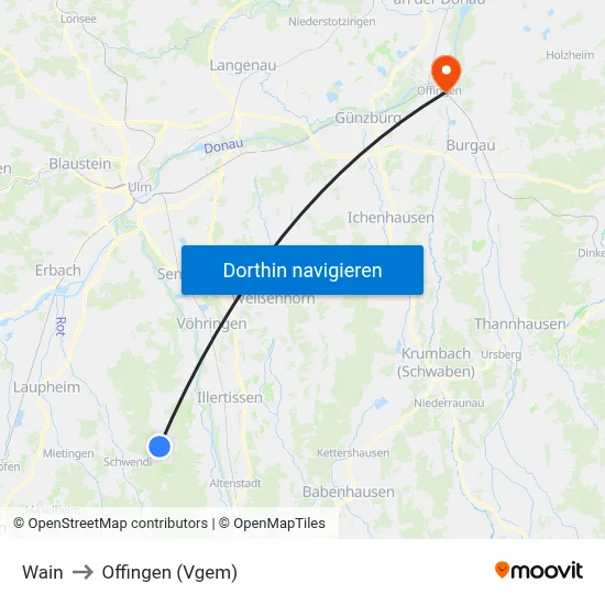 Wain to Offingen (Vgem) map