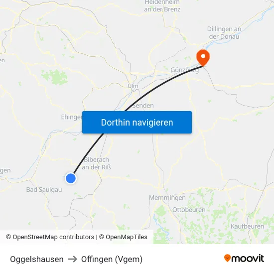 Oggelshausen to Offingen (Vgem) map
