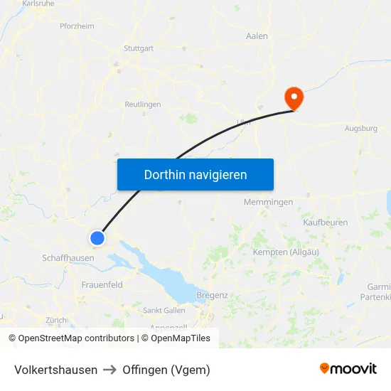 Volkertshausen to Offingen (Vgem) map