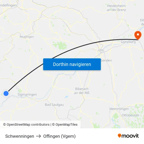 Schwenningen to Offingen (Vgem) map