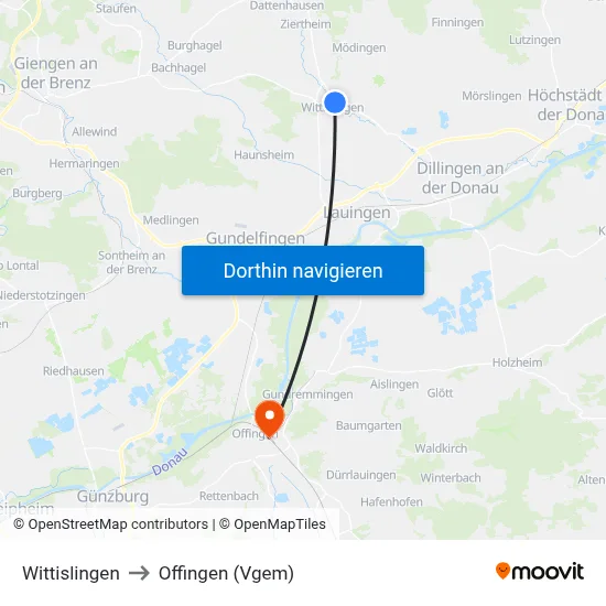 Wittislingen to Offingen (Vgem) map