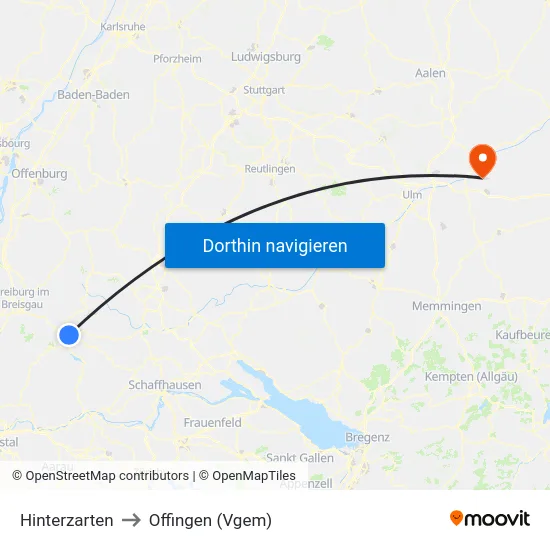 Hinterzarten to Offingen (Vgem) map