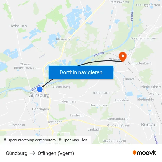Günzburg to Offingen (Vgem) map