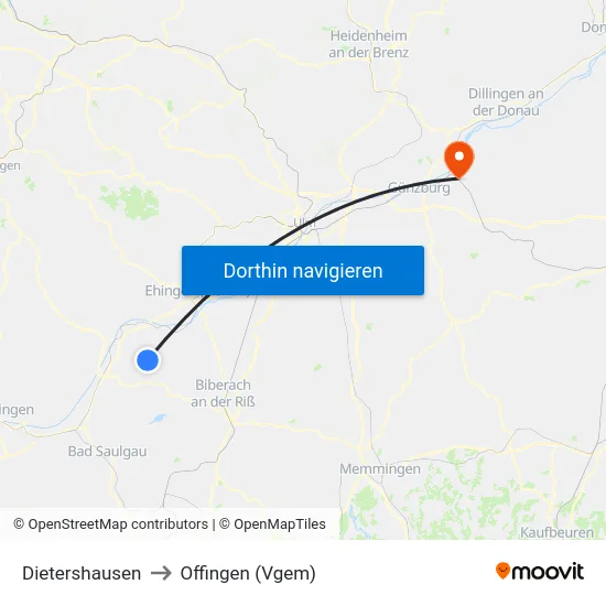 Dietershausen to Offingen (Vgem) map