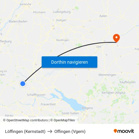 Löffingen (Kernstadt) to Offingen (Vgem) map