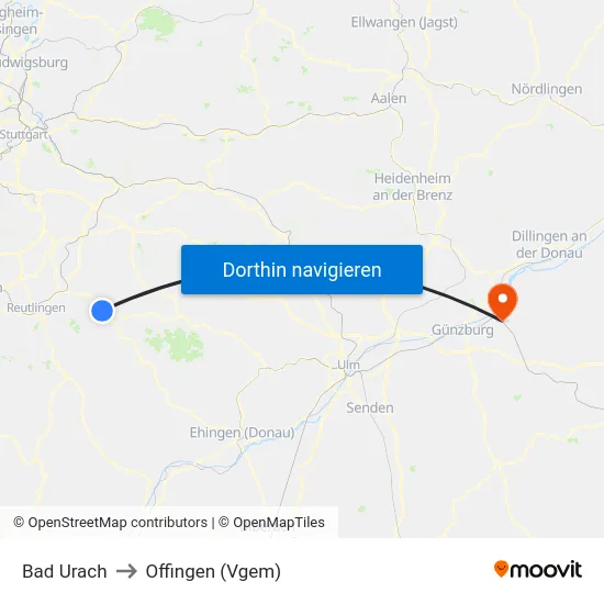 Bad Urach to Offingen (Vgem) map