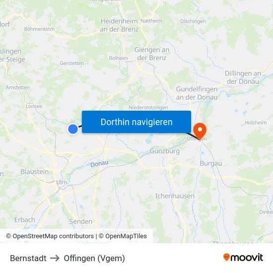 Bernstadt to Offingen (Vgem) map