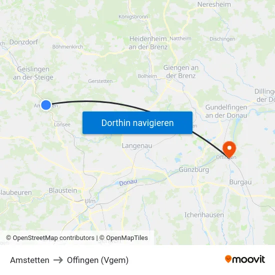 Amstetten to Offingen (Vgem) map