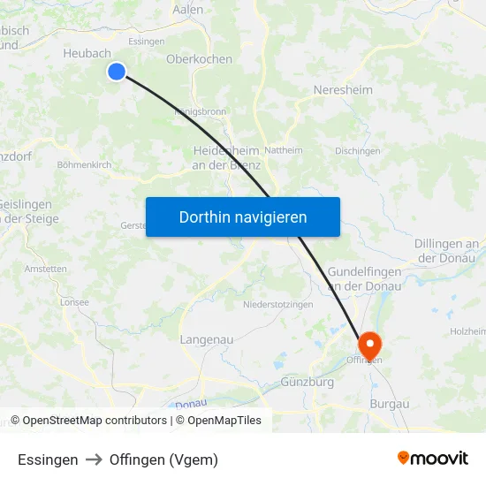 Essingen to Offingen (Vgem) map