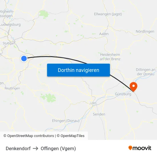 Denkendorf to Offingen (Vgem) map