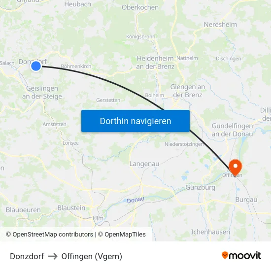 Donzdorf to Offingen (Vgem) map