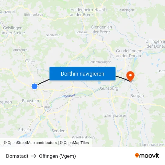 Dornstadt to Offingen (Vgem) map