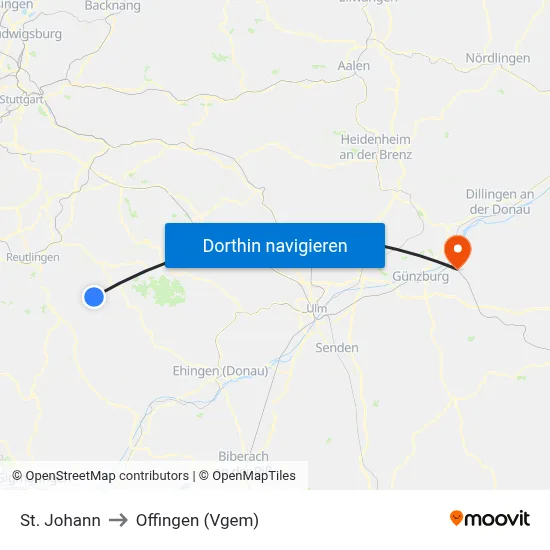 St. Johann to Offingen (Vgem) map