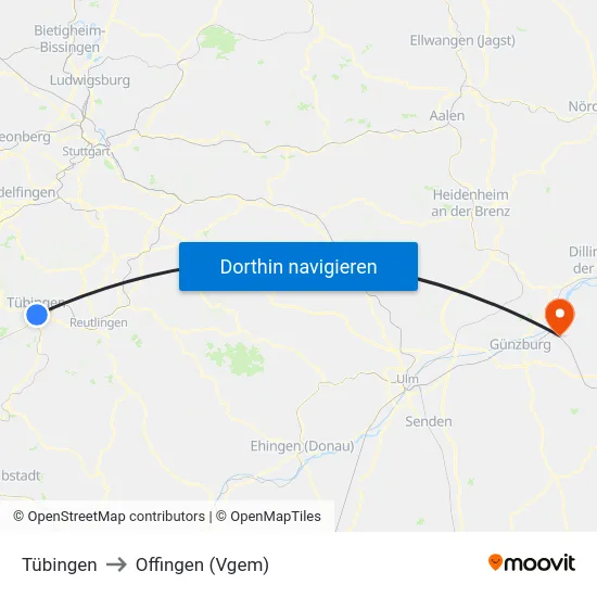 Tübingen to Offingen (Vgem) map