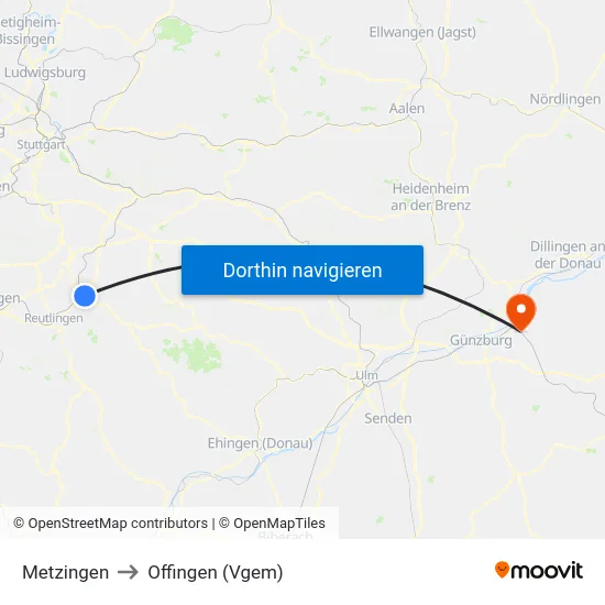 Metzingen to Offingen (Vgem) map