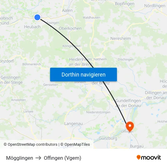 Mögglingen to Offingen (Vgem) map