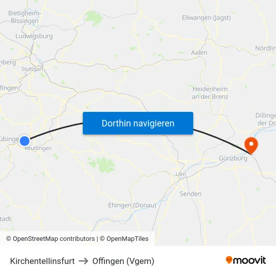 Kirchentellinsfurt to Offingen (Vgem) map