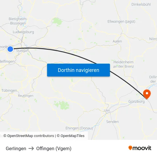 Gerlingen to Offingen (Vgem) map