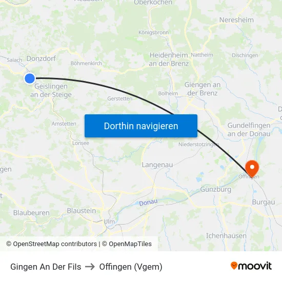 Gingen An Der Fils to Offingen (Vgem) map