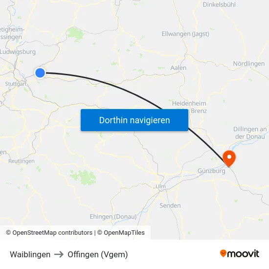 Waiblingen to Offingen (Vgem) map