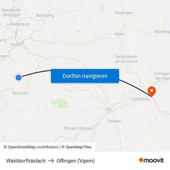 Walddorfhäslach to Offingen (Vgem) map